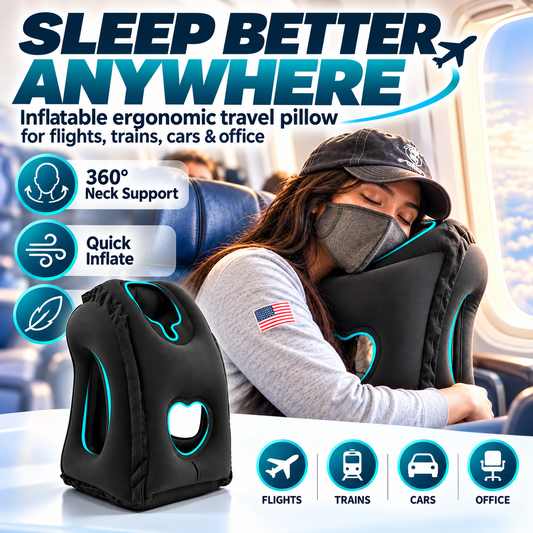 ⏰ Last Day 50% OFF! £12.99 💤 Inflatable Ergonomic Travel Pillow with Hollow-Cutout Design – Soft PVC Flocking & Quick Inflate. Say goodbye to neck pain on flights, road trips, office naps & everyday travel. ✈️😴