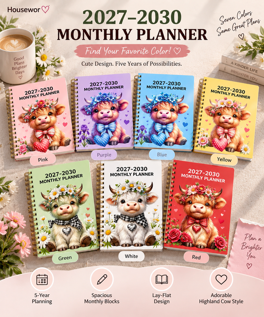 ⏰📅 LAST DAY SALE ONLY￡6.99!! 🐮 2026-2030 Calendar   - From January 2026 to December 2030, 5-year calendar, cartoon Highland cow themed cover design, annual calendar planning, month labels, 60-month calendar