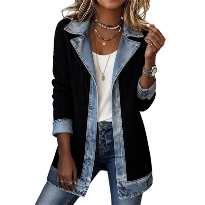 ⌛LAST DAY SALE ONLY ￡17.99!!🔥Women’s Elegant Denim Spliced Ribbed Knit Coat